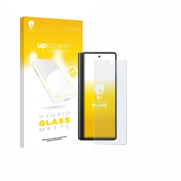 Vorderseite einer Produktverpackung mit dem Markenlogo upscreen. Daneben ist das Gerät Samsung Galaxy Z Fold 2 5G mit dem zuge