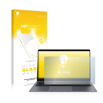 Vorderseite einer Produktverpackung mit dem Markenlogo upscreen. Daneben ist das Gerät Chuwi LapBook Plus mit dem zugehörigen 