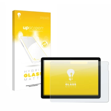 Vorderseite einer Produktverpackung mit dem Markenlogo upscreen. Daneben ist das Gerät Microsoft Surface Go 2 10.5