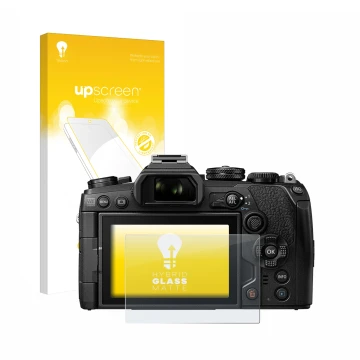 Vorderseite einer Produktverpackung mit dem Markenlogo upscreen. Daneben ist das Gerät Olympus OM-D E-M1 Mark III mit dem zuge