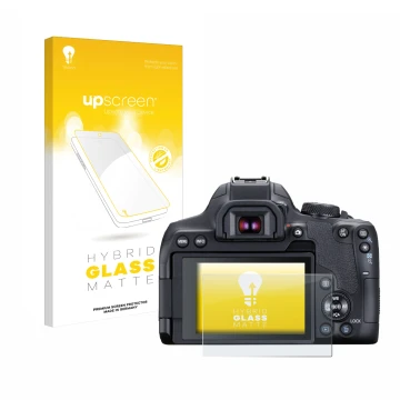 Vorderseite einer Produktverpackung mit dem Markenlogo upscreen. Daneben ist das Gerät Canon EOS 850D mit dem zugehörigen Disp