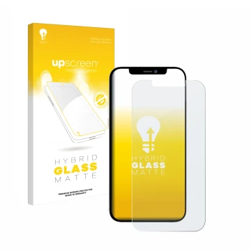 Vorderseite einer Produktverpackung mit dem Markenlogo upscreen. Daneben ist das Gerät Apple iPhone 12 Pro Max mit dem zugehör