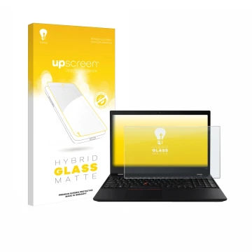 Vorderseite einer Produktverpackung mit dem Markenlogo upscreen. Daneben ist das Gerät Lenovo ThinkPad T590 Non-Touch mit dem 