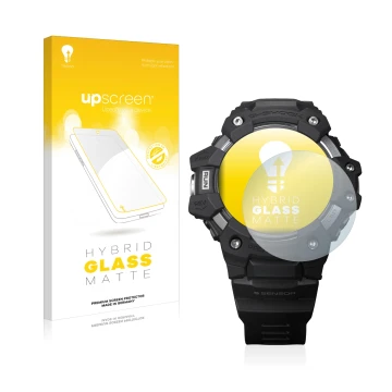Vorderseite einer Produktverpackung mit dem Markenlogo upscreen. Daneben ist das Gerät Casio G-Shock GBD-H1000 mit dem zugehör