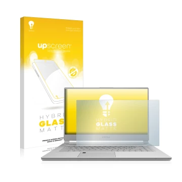 Vorderseite einer Produktverpackung mit dem Markenlogo upscreen. Daneben ist das Gerät MSI P65 8RE-207DC mit dem zugehörigen D