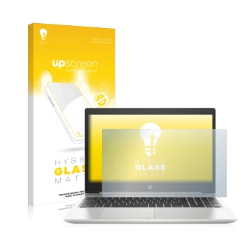 Vorderseite einer Produktverpackung mit dem Markenlogo upscreen. Daneben ist das Gerät HP ProBook 450 G6 mit dem zugehörigen D