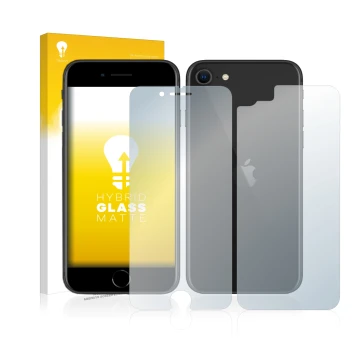 Vorderseite einer Produktverpackung mit dem Markenlogo upscreen. Daneben ist das Gerät Apple iPhone SE 2 2020 (Display+Rücksei