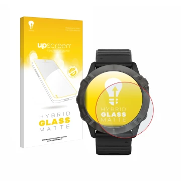 Vorderseite einer Produktverpackung mit dem Markenlogo upscreen. Daneben ist das Gerät Garmin Fenix 6X Pro Solar mit dem zugeh