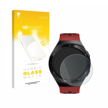 Vorderseite einer Produktverpackung mit dem Markenlogo upscreen. Daneben ist das Gerät Huawei Watch GT 2e mit dem zugehörigen 