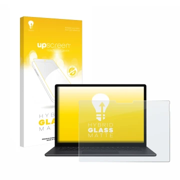 Vorderseite einer Produktverpackung mit dem Markenlogo upscreen. Daneben ist das Gerät Microsoft Surface Book 3 15