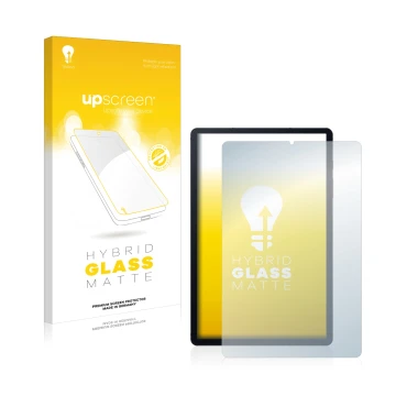 Vorderseite einer Produktverpackung mit dem Markenlogo upscreen. Daneben ist das Gerät Samsung Galaxy Tab S6 Lite 2020 mit dem