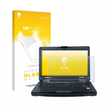 Vorderseite einer Produktverpackung mit dem Markenlogo upscreen. Daneben ist das Gerät Panasonic Toughbook 55 Full-HD Touch mi