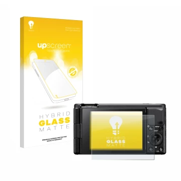 Vorderseite einer Produktverpackung mit dem Markenlogo upscreen. Daneben ist das Gerät Sony ZV-1 mit dem zugehörigen Displaysc