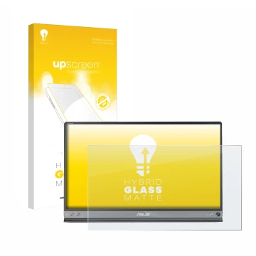 Vorderseite einer Produktverpackung mit dem Markenlogo upscreen. Daneben ist das Gerät ASUS ZenScreen MB16AC mit dem zugehörig