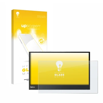 Vorderseite einer Produktverpackung mit dem Markenlogo upscreen. Daneben ist das Gerät Lenovo ThinkVision M14 16:9 mit dem zug