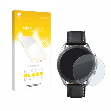 Vorderseite einer Produktverpackung mit dem Markenlogo upscreen. Daneben ist das Gerät Samsung Galaxy Watch 3 (45mm) mit dem z