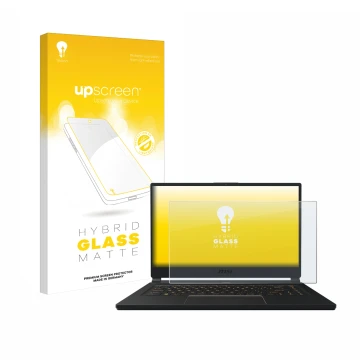 Vorderseite einer Produktverpackung mit dem Markenlogo upscreen. Daneben ist das Gerät MSI GS66 Stealth 10 SE mit dem zugehöri