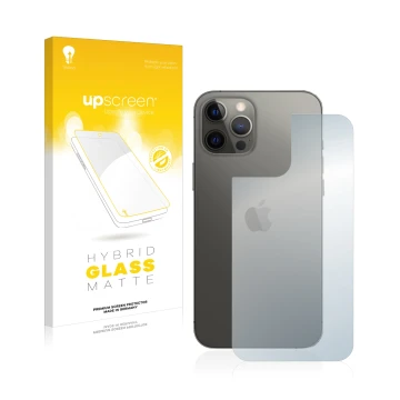 Vorderseite einer Produktverpackung mit dem Markenlogo upscreen. Daneben ist das Gerät Apple iPhone 12 Pro Max (Rückseite) mit