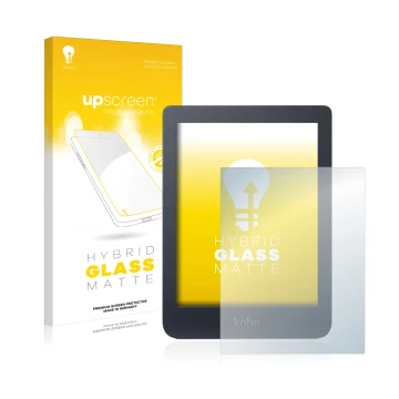 Vorderseite einer Produktverpackung mit dem Markenlogo upscreen. Daneben ist das Gerät Kobo Nia mit dem zugehörigen Displaysch