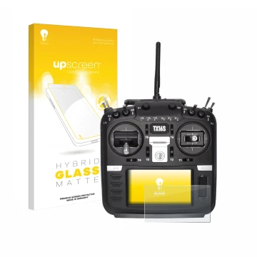 Vorderseite einer Produktverpackung mit dem Markenlogo upscreen. Daneben ist das Gerät Radiomaster TX16S mit dem zugehörigen D