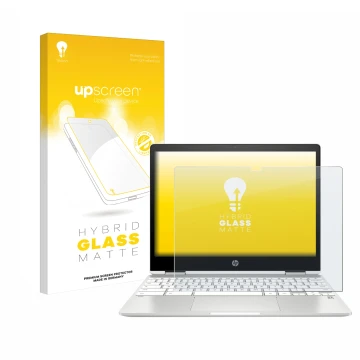 Vorderseite einer Produktverpackung mit dem Markenlogo upscreen. Daneben ist das Gerät HP Chromebook x360 12b-ca0005nf mit dem