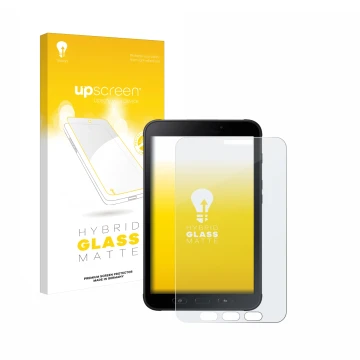Vorderseite einer Produktverpackung mit dem Markenlogo upscreen. Daneben ist das Gerät Samsung Galaxy Tab Active 2 SM-T395 mit