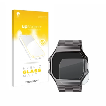 Vorderseite einer Produktverpackung mit dem Markenlogo upscreen. Daneben ist das Gerät Casio A168WEGG-1BEF mit dem zugehörigen