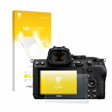 Vorderseite einer Produktverpackung mit dem Markenlogo upscreen. Daneben ist das Gerät Nikon Z 5 mit dem zugehörigen Displaysc