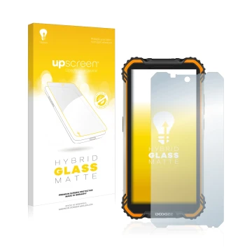 Vorderseite einer Produktverpackung mit dem Markenlogo upscreen. Daneben ist das Gerät Doogee S58 Pro mit dem zugehörigen Disp