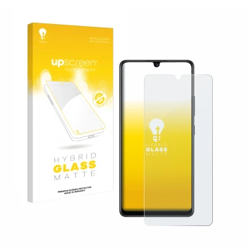 Vorderseite einer Produktverpackung mit dem Markenlogo upscreen. Daneben ist das Gerät Samsung Galaxy A42 5G mit dem zugehörig