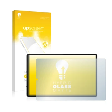 Vorderseite einer Produktverpackung mit dem Markenlogo upscreen. Daneben ist das Gerät Lenovo Tab M10 FHD Plus (im Querformat)