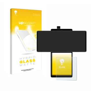 Vorderseite einer Produktverpackung mit dem Markenlogo upscreen. Daneben ist das Gerät LG Wing (Hinteres Display) mit dem zuge