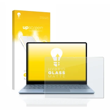 Vorderseite einer Produktverpackung mit dem Markenlogo upscreen. Daneben ist das Gerät Microsoft Surface Laptop Go mit dem zug