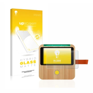 Vorderseite einer Produktverpackung mit dem Markenlogo upscreen. Daneben ist das Gerät tigerbox Touch mit dem zugehörigen Disp