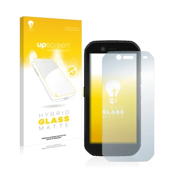 Vorderseite einer Produktverpackung mit dem Markenlogo upscreen. Daneben ist das Gerät Caterpillar Cat S42 mit dem zugehörigen