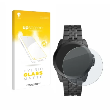 Vorderseite einer Produktverpackung mit dem Markenlogo upscreen. Daneben ist das Gerät Fossil Gen 5E mit dem zugehörigen Displ