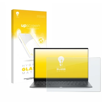 Vorderseite einer Produktverpackung mit dem Markenlogo upscreen. Daneben ist das Gerät Dell XPS 13 9310 2-in-1 mit dem zugehör