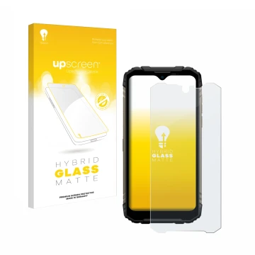 Vorderseite einer Produktverpackung mit dem Markenlogo upscreen. Daneben ist das Gerät Doogee S96 Pro mit dem zugehörigen Disp