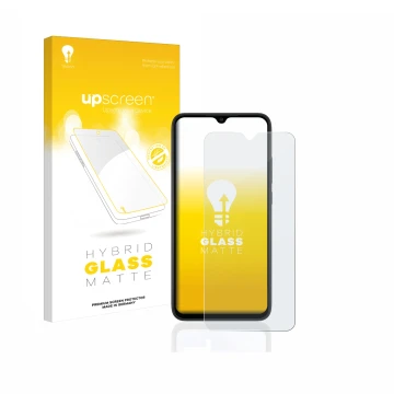 Vorderseite einer Produktverpackung mit dem Markenlogo upscreen. Daneben ist das Gerät Xiaomi Redmi 9AT mit dem zugehörigen Di