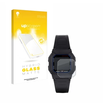 Vorderseite einer Produktverpackung mit dem Markenlogo upscreen. Daneben ist das Gerät Casio W-800H-1AVES mit dem zugehörigen 