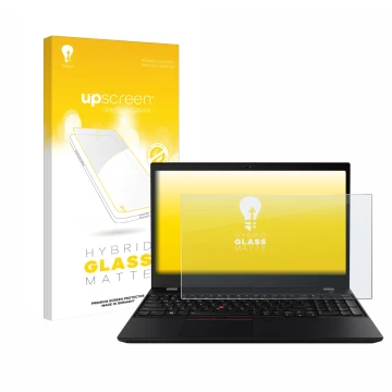 Vorderseite einer Produktverpackung mit dem Markenlogo upscreen. Daneben ist das Gerät Lenovo ThinkPad T15 mit dem zugehörigen