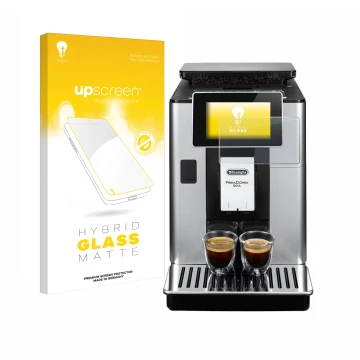 Vorderseite einer Produktverpackung mit dem Markenlogo upscreen. Daneben ist das Gerät DeLonghi PrimaDonna Soul ECAM610.74.MB 