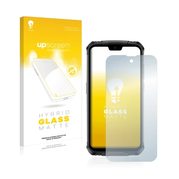 Vorderseite einer Produktverpackung mit dem Markenlogo upscreen. Daneben ist das Gerät Doogee S59 Pro mit dem zugehörigen Disp