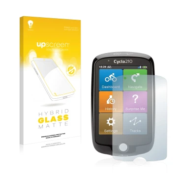 Vorderseite einer Produktverpackung mit dem Markenlogo upscreen. Daneben ist das Gerät Mio Cyclo 210 mit dem zugehörigen Displ