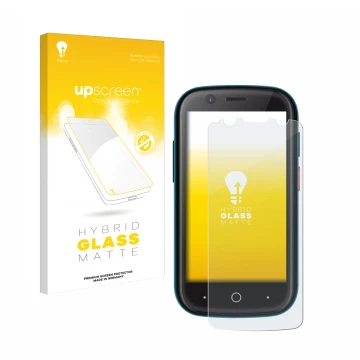 Vorderseite einer Produktverpackung mit dem Markenlogo upscreen. Daneben ist das Gerät Unihertz Jelly 2 mit dem zugehörigen Di