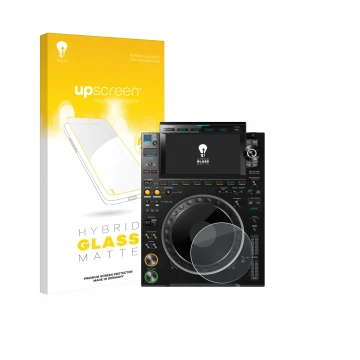 Vorderseite einer Produktverpackung mit dem Markenlogo upscreen. Daneben ist das Gerät Pioneer CDJ 3000 (Kreis) mit dem zugehö