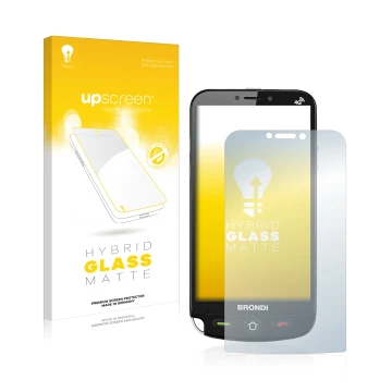 Vorderseite einer Produktverpackung mit dem Markenlogo upscreen. Daneben ist das Gerät Brondi Amico Dual Sim mit dem zugehörig