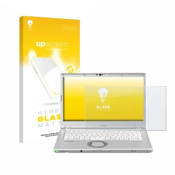 Vorderseite einer Produktverpackung mit dem Markenlogo upscreen. Daneben ist das Gerät Panasonic Toughbook CF-LX6 mit dem zuge