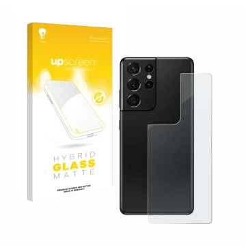 Vorderseite einer Produktverpackung mit dem Markenlogo upscreen. Daneben ist das Gerät Samsung Galaxy S21 Ultra 5G (Rückseite)