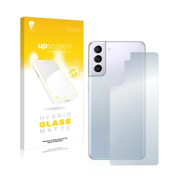 Vorderseite einer Produktverpackung mit dem Markenlogo upscreen. Daneben ist das Gerät Samsung Galaxy S21 5G (Rückseite) mit d